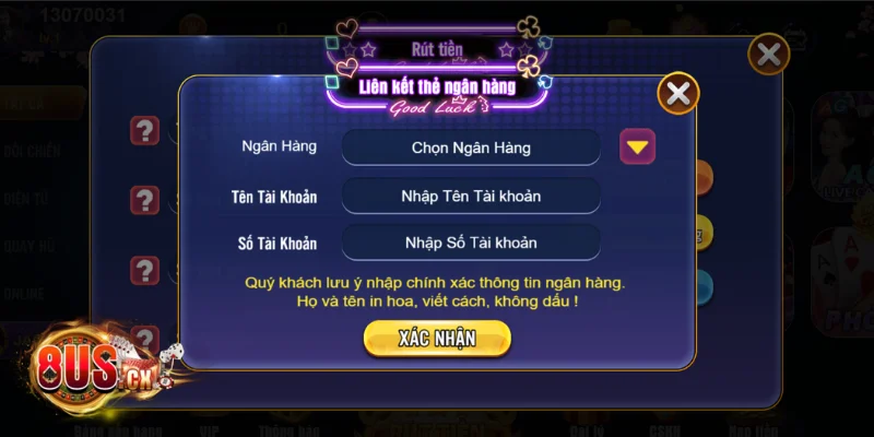 Liên kết tài khoản ngân hàng với tài khoản 8US để rút tiền